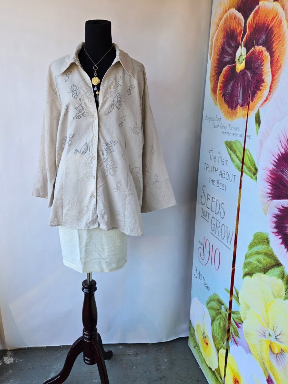 Harve Benard Oatmeal Linen Blend Rose Blouse Boho Cottage Office Casual Size 2X - Picture 8 of 9
